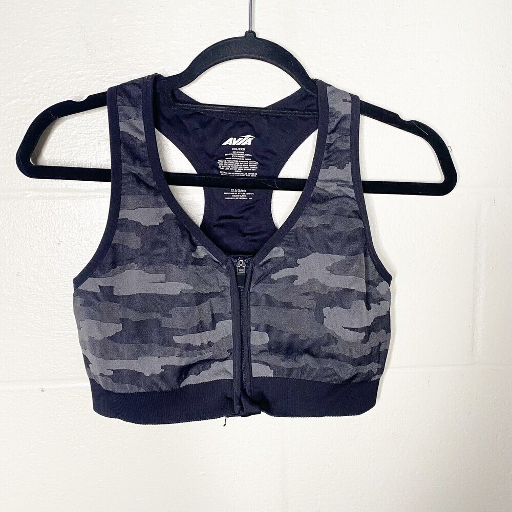 Avia Black Camo Sports Bra Front Closure Zip Up T Back Racer back XXL Gray Black
